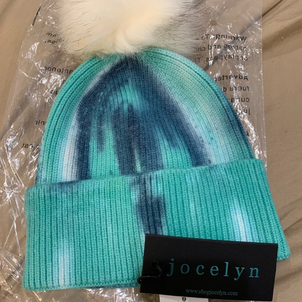 jocelyn Aqua Tie-Dye Beanie with White Pom